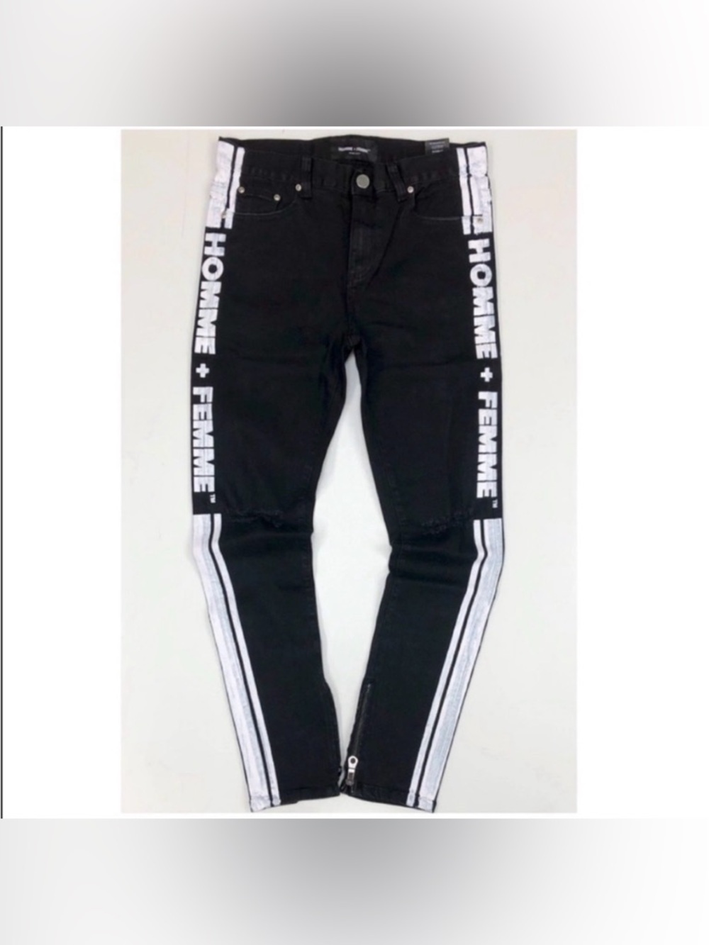 Homme + Femme LA Striped Logo Denim Black White Distressed Rare racing jeans